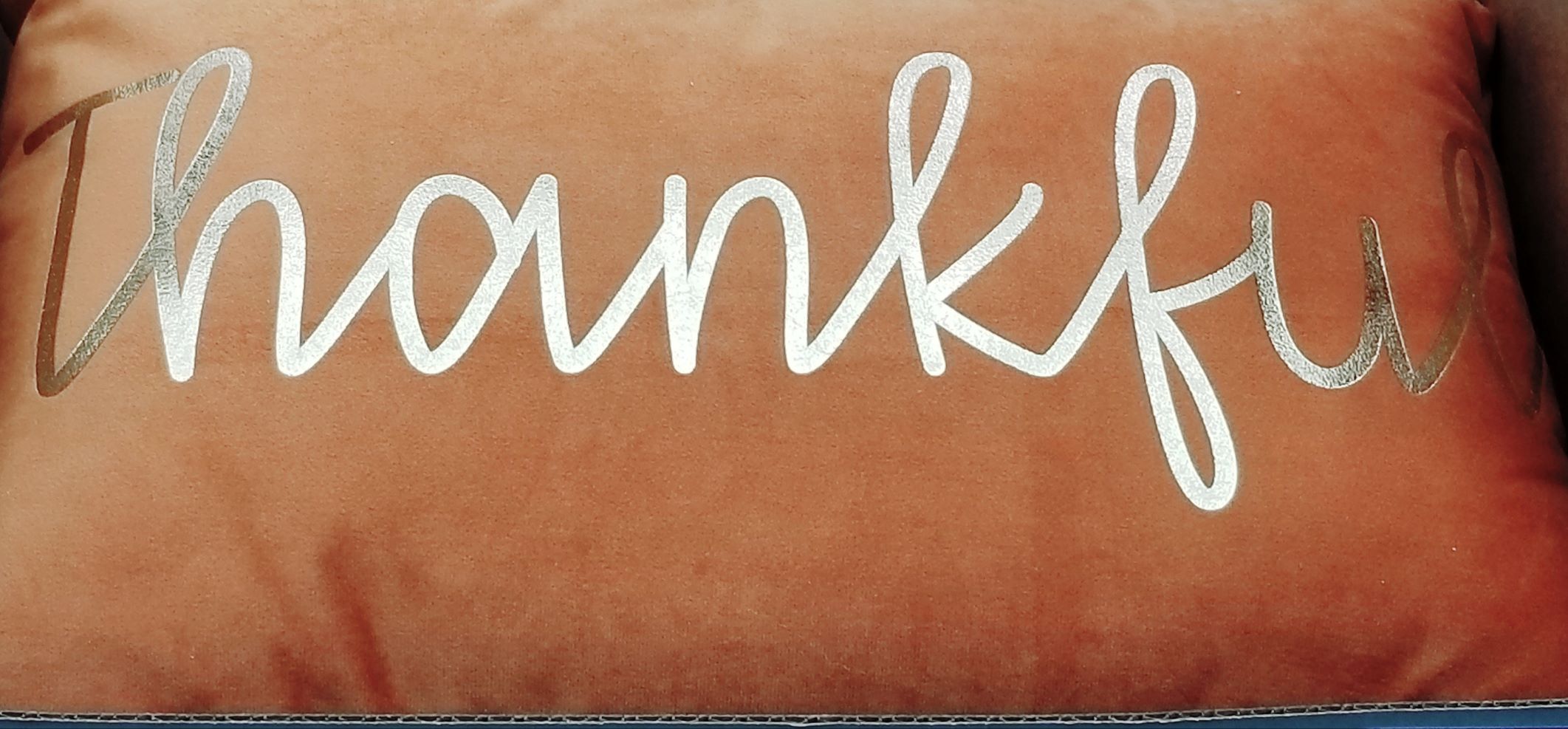 The words "thankful" in silver lettering on a peach background color