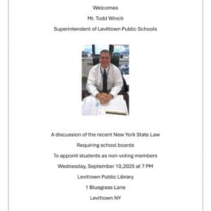 A man in a white shirt and tie sits at a desk in an office. The text announces a school board law discussion event at Levittown Public Library on September 10, 2025.