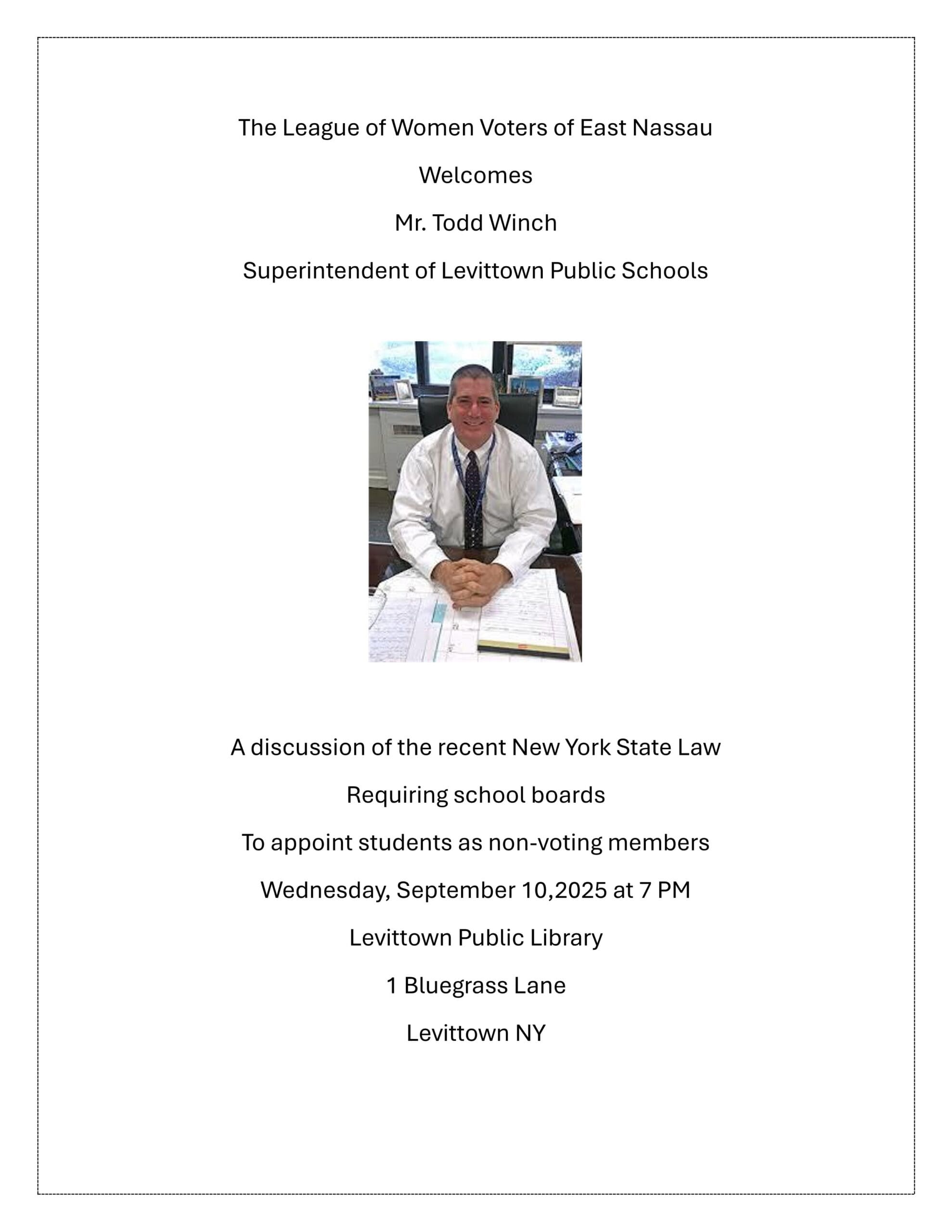 LWV-September-2025-meeting_1 A man in a white shirt and tie sits at a desk in an office. The text announces a school board law discussion event at Levittown Public Library on September 10, 2025.