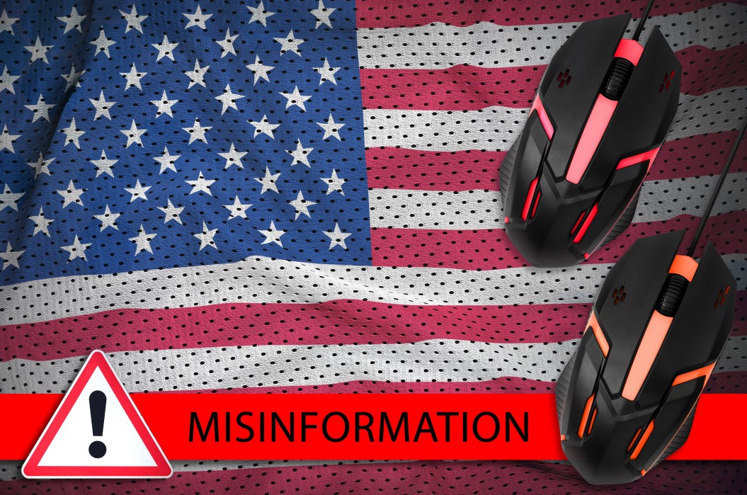 American flag with a Warning symbol and the word Misinformation and two computer mice on top